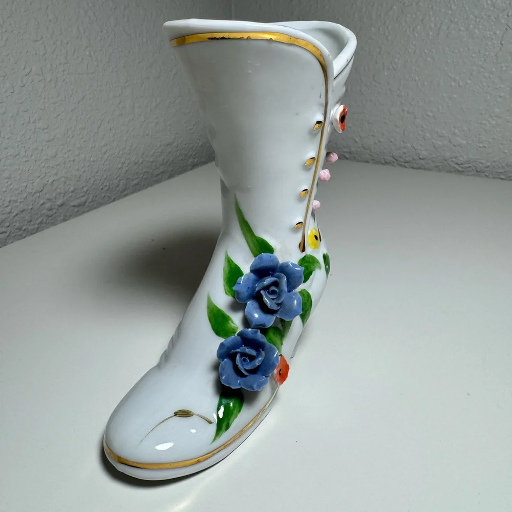 Vintage Floral Embellished White‎ Boot Vase